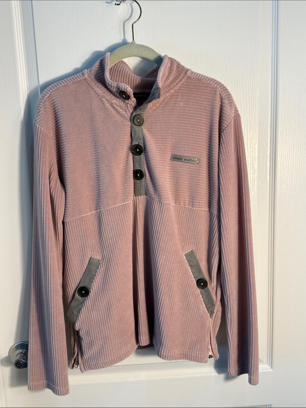 Simply Southern Velour Corduroy Button-Up Top Pockets Long Sleeve Size M